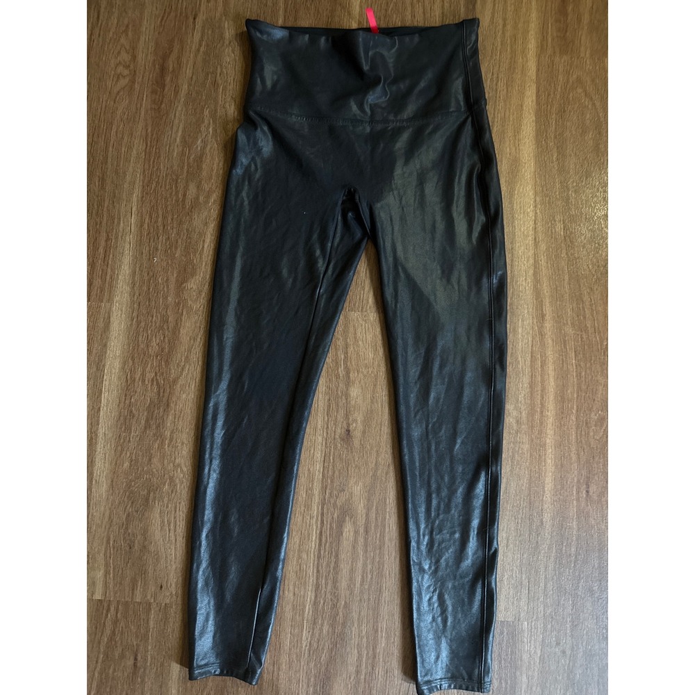 Spanx Faux Leather Leggings Very Black High Rise Tummy Control Womens XL